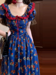 Elegant French Puff Sleeve Floral Maxi Dress – High-End Waist Slim Seaside Holiday Style