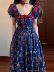 Elegant French Puff Sleeve Floral Maxi Dress – High-End Waist Slim Seaside Holiday Style