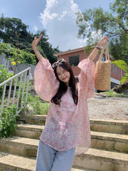 French pink floral loose chiffon summer shirt sun protection clothing