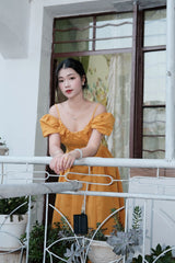 French V-neck puff sleeve mustard off-shoulder long Dress
