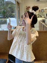 Korean Floral Doll Collar Blouse – Fresh Chiffon Ruffle Top