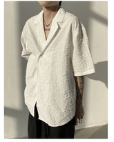 Asymmetric Button Embossed Pattern Loose Short Sleeve Shirt