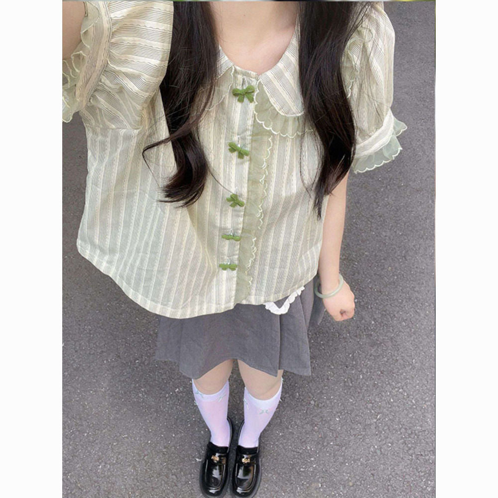 Cute doll collar short-sleeved shirt with striped puff sleeve top