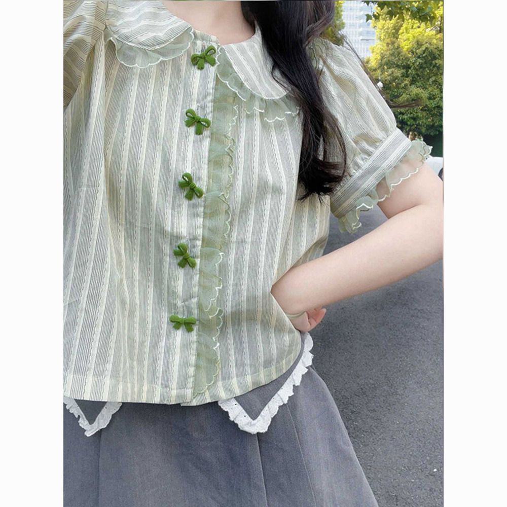 Cute doll collar short-sleeved shirt with striped puff sleeve top