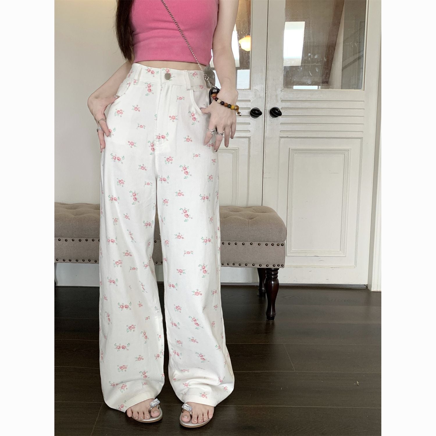 White floral straight jeans  high waist loose wide leg pants floor mopping pants