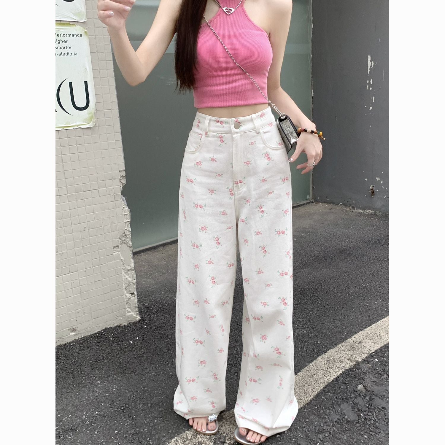 White floral straight jeans  high waist loose wide leg pants floor mopping pants