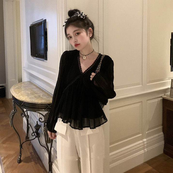 Chiffon belly-covering v-neck lace Korean style long-sleeved top