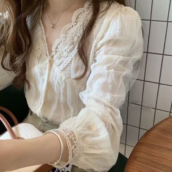 French style V-neck chiffon sweet and chic shirt, fashionable and versatile long-sleeved top