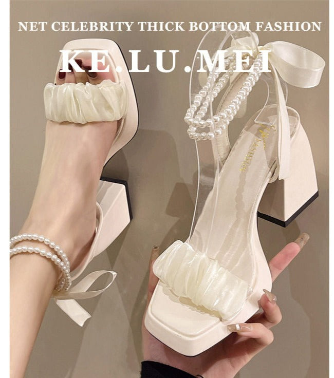 Korean version thick-soled thick-heeled sandals  pearl one-strap high-heeled shoes