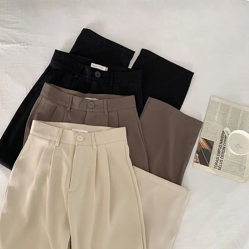 Wide-leg drapey trousers, high-waisted, versatile loose, casual suit formal trousers