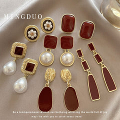 Retro Red Baroque Pearl Simple and High-end Earrings for Women