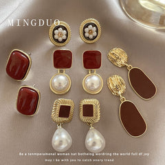 Retro Red Baroque Pearl Simple and High-end Earrings for Women