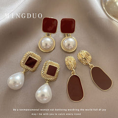 Retro Red Baroque Pearl Simple and High-end Earrings for Women