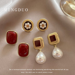 Retro Red Baroque Pearl Simple and High-end Earrings for Women