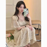 Summer retro square collar high-end French high-waisted lace maxi dress