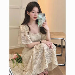 Summer retro square collar high-end French high-waisted lace maxi dress
