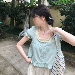 Mint-flavor!!! Sweet chic short-sleeved top