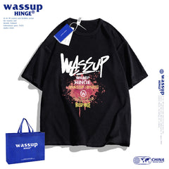 WASSUP Red Art holi short-sleeved T-shirt loose cotton large size style clothes for men