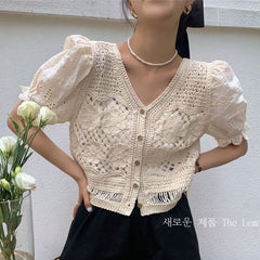 French V-neck puff hollow knitted chic short-sleeved shirt