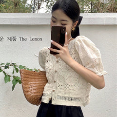French V-neck puff hollow knitted chic short-sleeved shirt