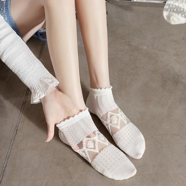 Summer Japanese solid color crystal silk, thin, transparent mesh, shallow mouth, invisible boat socks