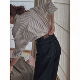 Korean style Spring women's retro loose high-end long-sleeved vertical striped shirt