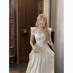 Square neck, flying sleeves and ruffle waist slimming, A-line mid-length dress