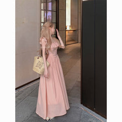 Square neck, flying sleeves and ruffle waist slimming, A-line mid-length dress