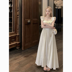 Square neck, flying sleeves and ruffle waist slimming, A-line mid-length dress