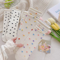 Women's Mid-Tube Pile Thin Japanese Style Colorful Polka Dot Love Solid Color White Socks