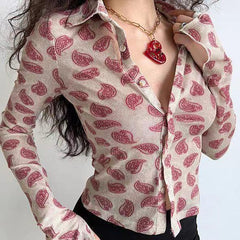 American Retro Fashion Slim Polo Collar Hot Girl Long Sleeve Shirt