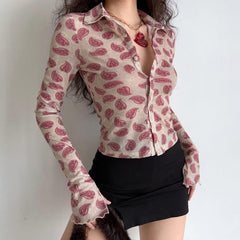 American Retro Fashion Slim Polo Collar Hot Girl Long Sleeve Shirt