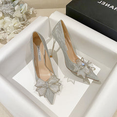 Silver Rhinestone Bow Wedding Heels – Pointed Toe Shoes for Women