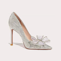 Silver Rhinestone Bow Wedding Heels – Pointed Toe Shoes for Women