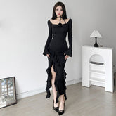 French Rose Ruffled Square Neck Dress with Asymmetrical Hem and Waist Cinch