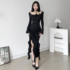 French Rose Ruffled Square Neck Dress with Asymmetrical Hem and Waist Cinch