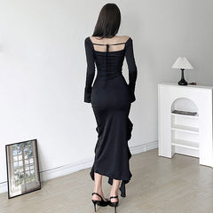 French Rose Ruffled Square Neck Dress with Asymmetrical Hem and Waist Cinch