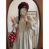 Corduroy Floral Lace Midi Dress - Sweet Long-Sleeve Loose Fit Dress