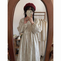 Corduroy Floral Lace Midi Dress - Sweet Long-Sleeve Loose Fit Dress