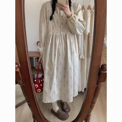 Corduroy Floral Lace Midi Dress - Sweet Long-Sleeve Loose Fit Dress