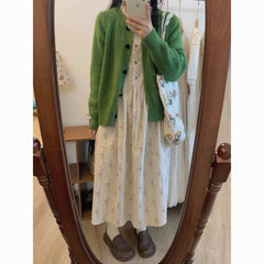 Corduroy Floral Lace Midi Dress - Sweet Long-Sleeve Loose Fit Dress