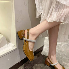 One-Strip Diamond Mary Jane Sandals – Low & Chunky Heel Square-Toe Flats