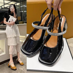 One-Strip Diamond Mary Jane Sandals – Low & Chunky Heel Square-Toe Flats