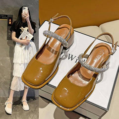 One-Strip Diamond Mary Jane Sandals – Low & Chunky Heel Square-Toe Flats