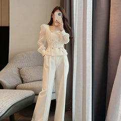 Elegant Tie-Waist Professional Suit – High-Waisted Light Luxury Set