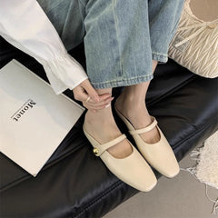 Retro Square-Toe Backless Flats - Elegant Slip-On Shoes for Women