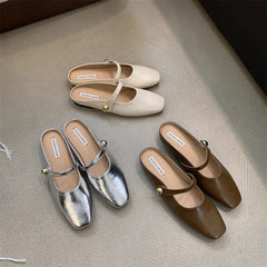 Retro Square-Toe Backless Flats - Elegant Slip-On Shoes for Women