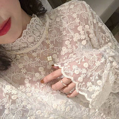 Chic Lace Mesh Blouse – Semi-Turtleneck Elegant Base Layer