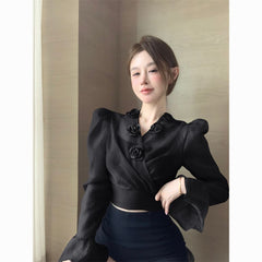 Elegant 3D Floral Blouse – French Tie-Waist Sheer Wrap Shirt