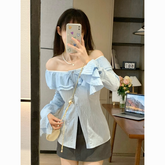Off-Shoulder Lightweight Long Sleeve Shirt – Slim Fit Dopamine Style Blouse